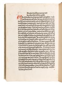 GREGORIUS I (Saint, c.540-604). Dialogorum libri quattuor , in German: Das buch der zwayer red mit ainander . Edited by Johannes von Speyer, with 5 other texts in German: TUNDALUS. De eius visio, sive de raptu animae: Die Gesicht Tundali . - BEDA. V isio Fursei: Das Wunderzeichen des Bishof Forsee . - Speculum mundi: Spiegel der Welt . - Ars moriendi: Kunst des Sterbens . - Cordiale quattuor novissimorum: Die vier letzte Dinge . [Augsburg: Johann Bamler at the Monastery of SS. Ulrich and Afra], 1473.