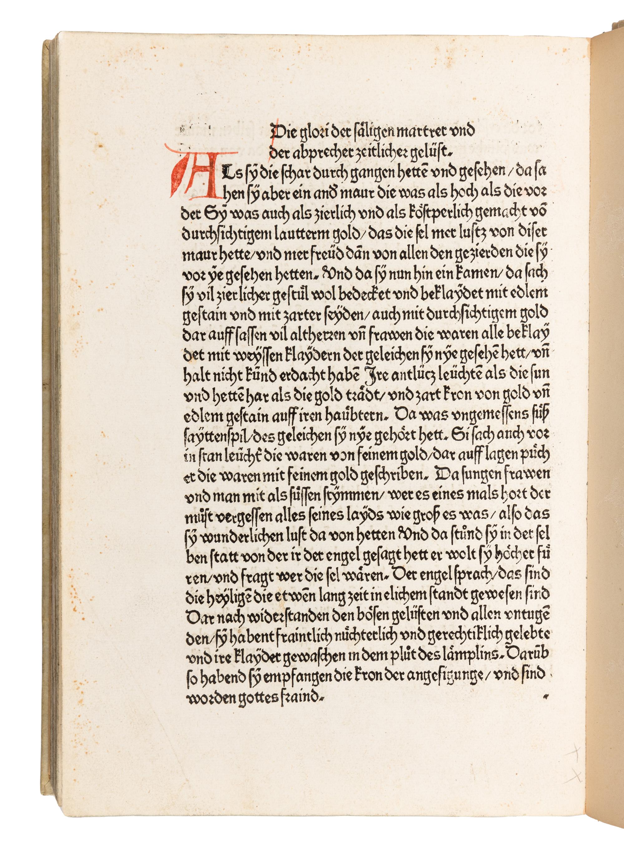 GREGORIUS I (Saint, c.540-604). Dialogorum libri quattuor , in German: Das buch der zwayer red mit ainander . Edited by Johannes von Speyer, with 5 other texts in German: TUNDALUS. De eius visio, sive de raptu animae: Die Gesicht Tundali . - BEDA. V isio Fursei: Das Wunderzeichen des Bishof Forsee . - Speculum mundi: Spiegel der Welt . - Ars moriendi: Kunst des Sterbens . - Cordiale quattuor novissimorum: Die vier letzte Dinge . [Augsburg: Johann Bamler at the Monastery of SS. Ulrich and Afra], 1473.
