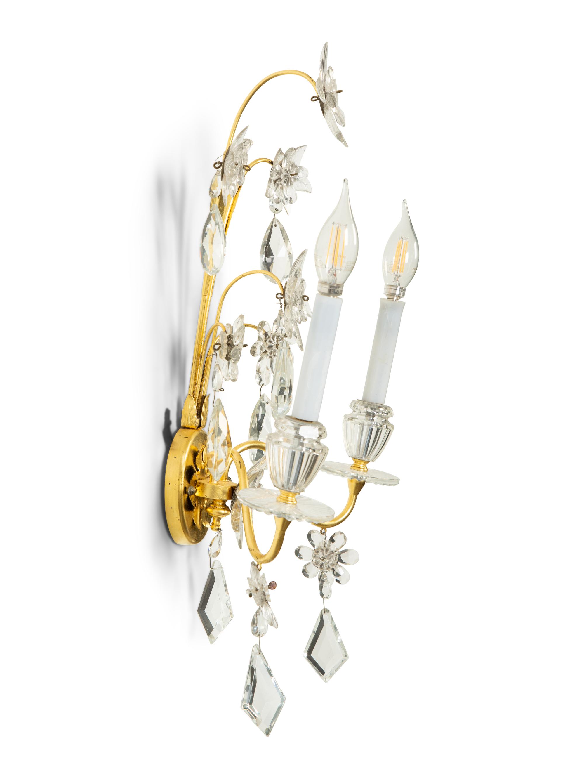 A Pair of French Gilt Metal and Glass Two-Light Wall Sconces