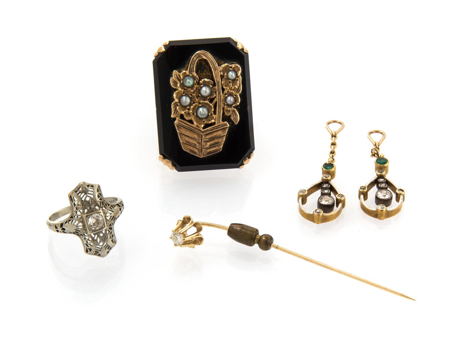 A Collection of Diamond, Onyx, Emerald and Seed Pearl Jewelry, 11.90 dwts.