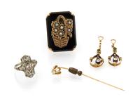 A Collection of Diamond, Onyx, Emerald and Seed Pearl Jewelry, 11.90 dwts.