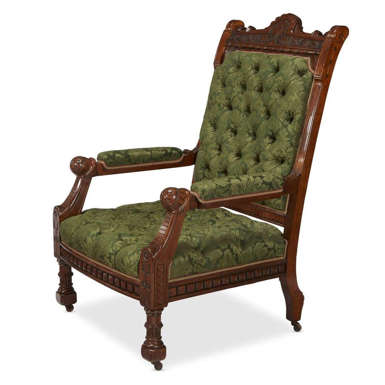 Fine Modern Gothic carved walnut upholstered armchair Daniel Pabst (1826-1910), Philadelphia, PA, circa 1880