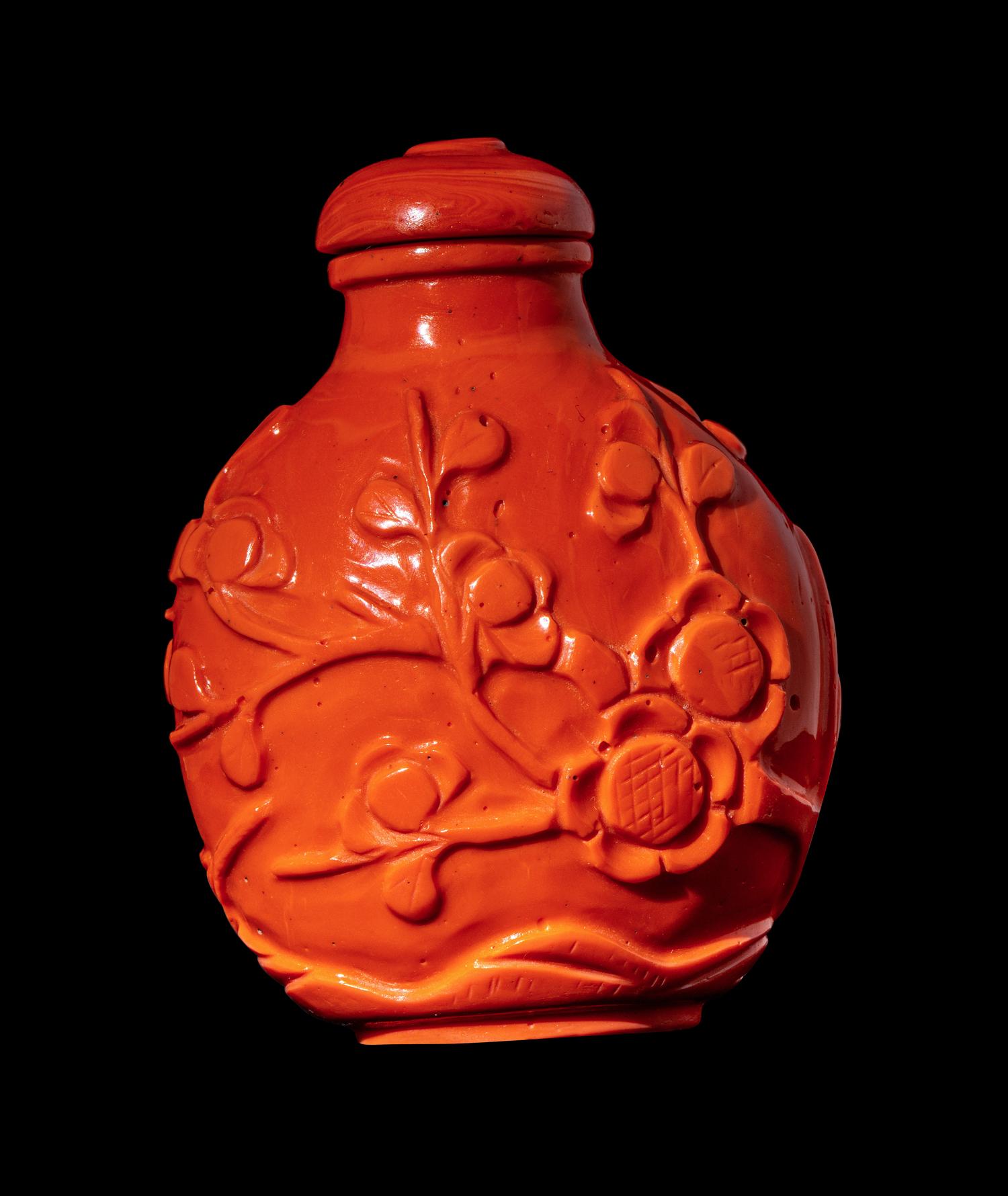 A Chinese Glass Imitating Red Coral 'Prunus' Snuff Bottle
