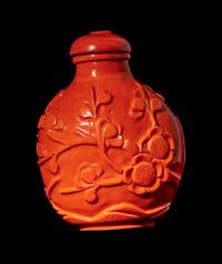 A Chinese Glass Imitating Red Coral 'Prunus' Snuff Bottle