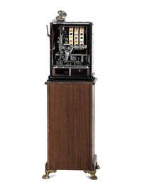 A Watling 1 Cent Dual Jackpot Gum Dispenser Slot Machine on Reverse Printed Glass Inset Golden Nugget Stand