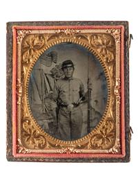 [CIVIL WAR]. Sixth plate ambrotype, period copy image of a double-armed Union soldier. Ca 1861.