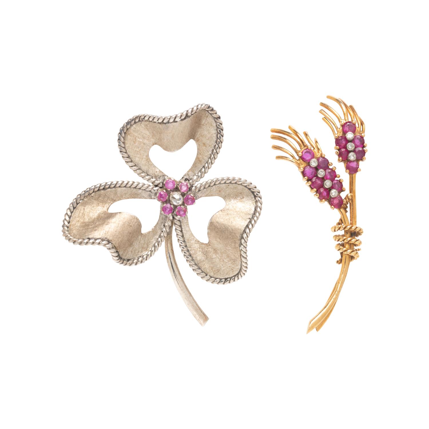 COLLECTION OF RUBY AND DIAMOND BROOCHES