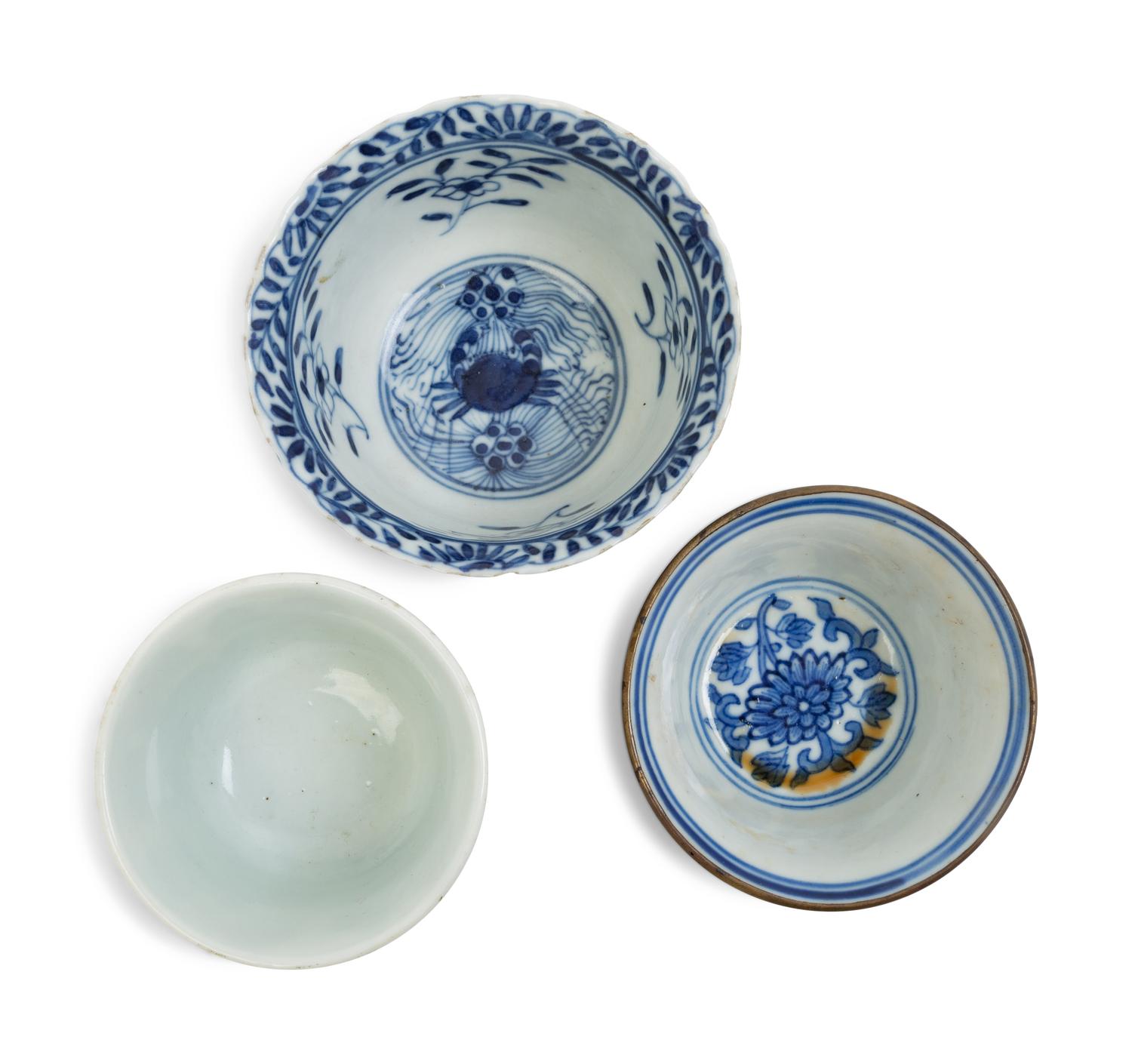 Three Chinese Blue and White Porcelain Wine Cups