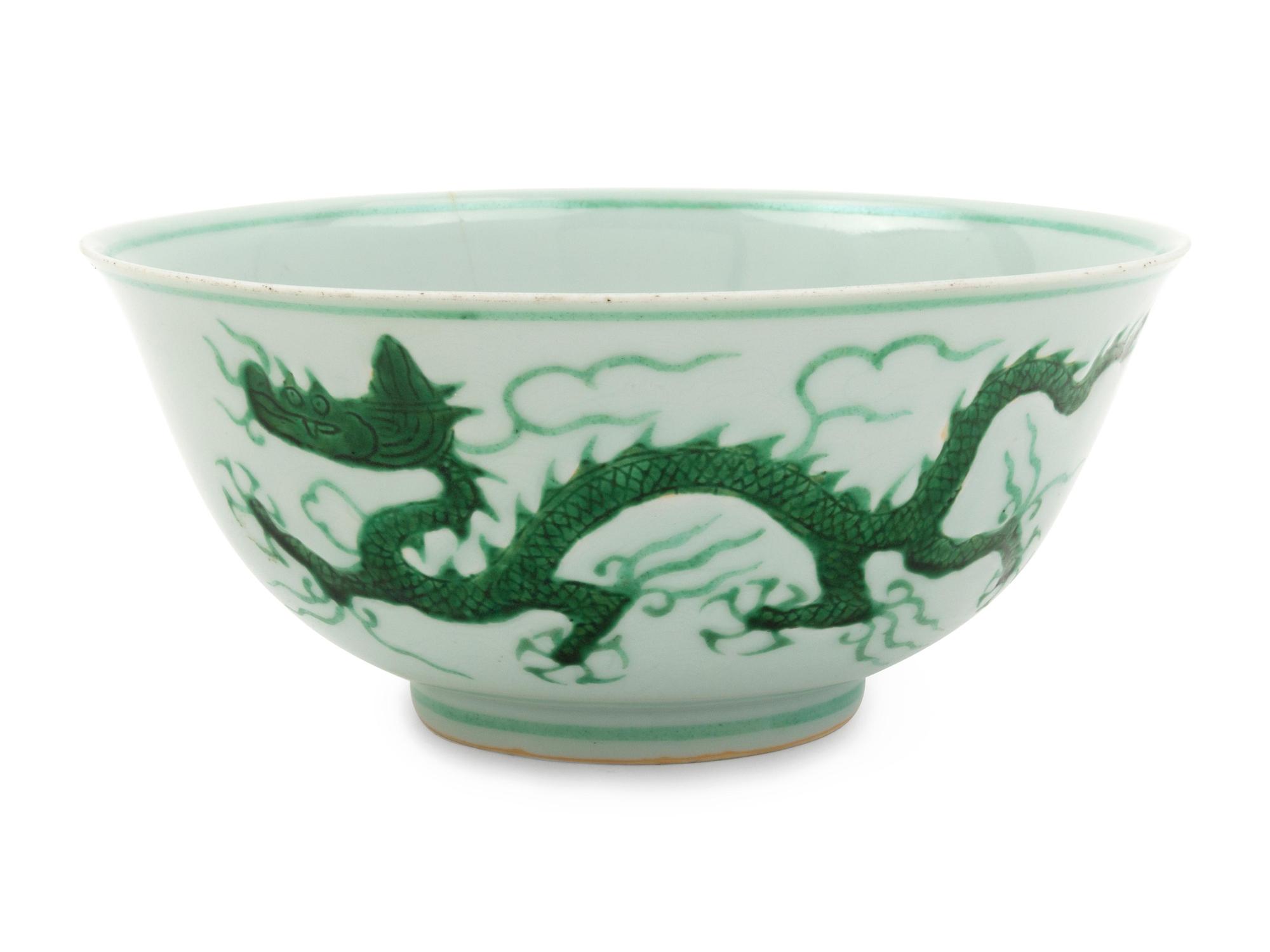 A Rare Incised and Green Enameled Porcelain 'Dragon' Bowl