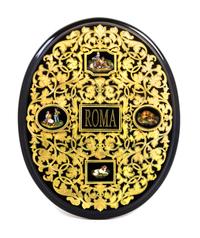 A Mounted Group of Four Italian Micromosaic Plaques Height overall 13 3/4 inches. — CIRCA 1840