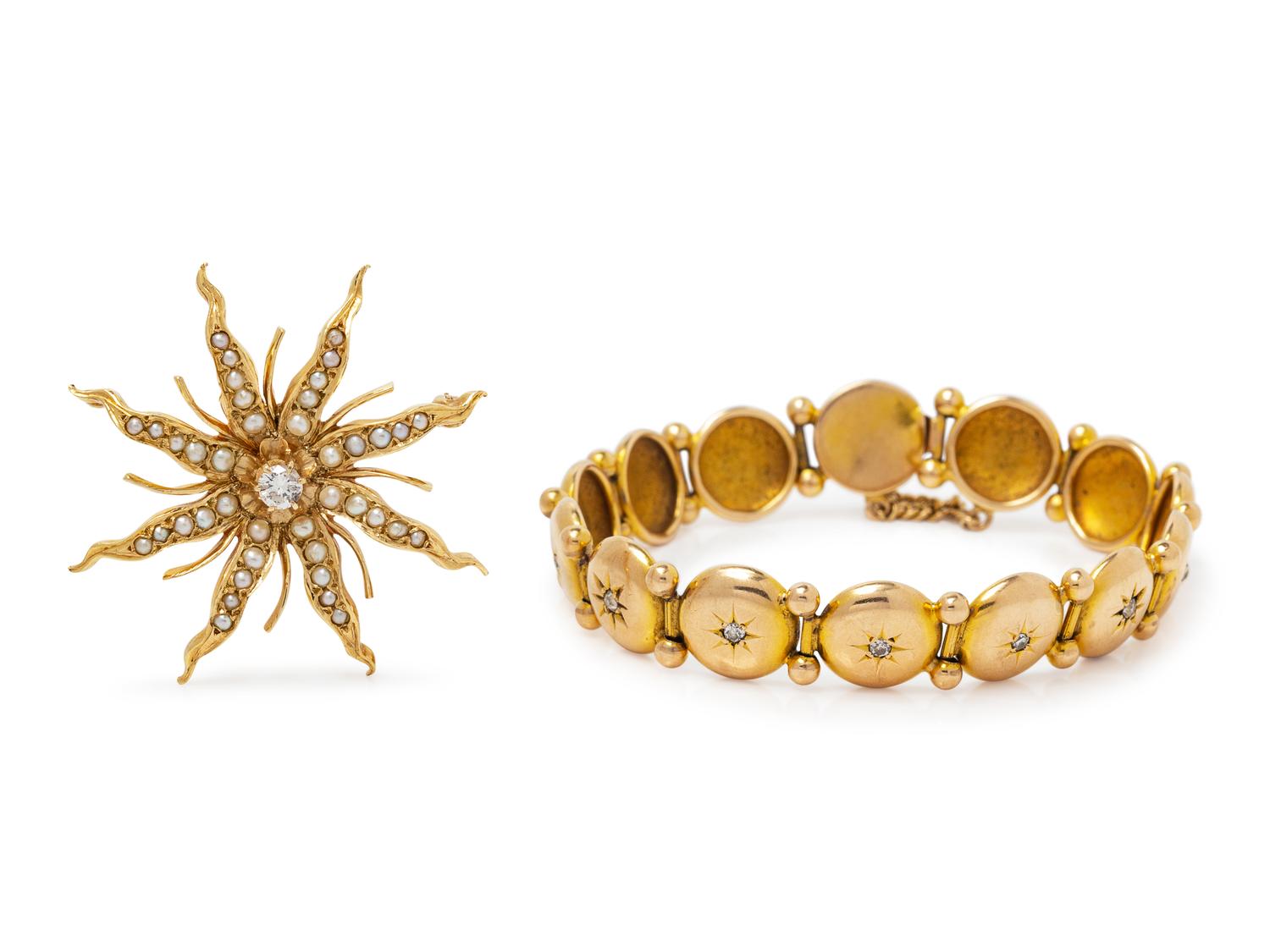 A Collection of Yellow Gold and Diamond Jewelry,