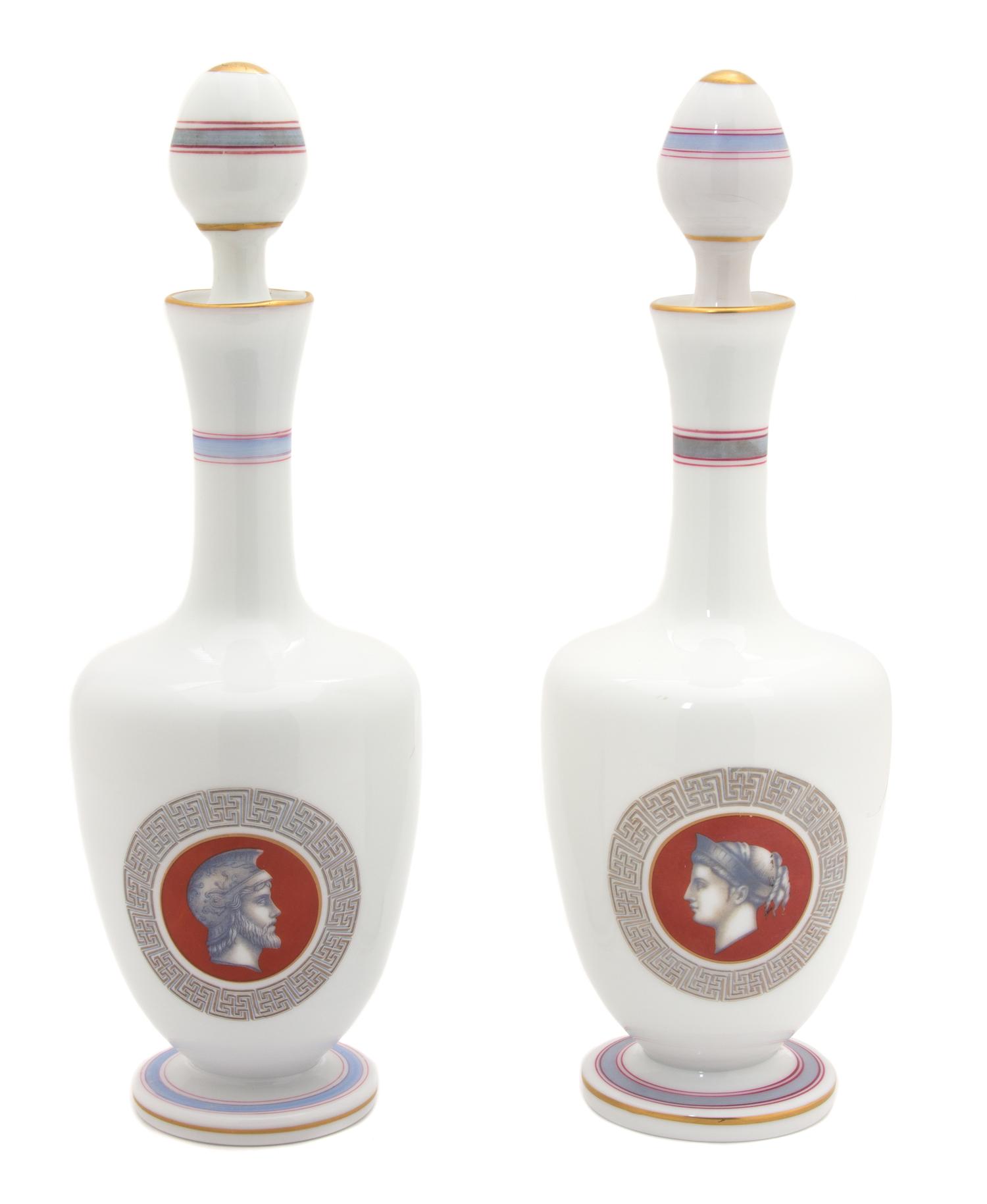 A Pair of French Painted White Opaline Glass Decanters Height 11 1/2 inches. — 20TH CENTURY