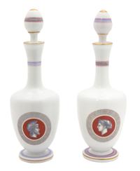 A Pair of French Painted White Opaline Glass Decanters Height 11 1/2 inches. — 20TH CENTURY
