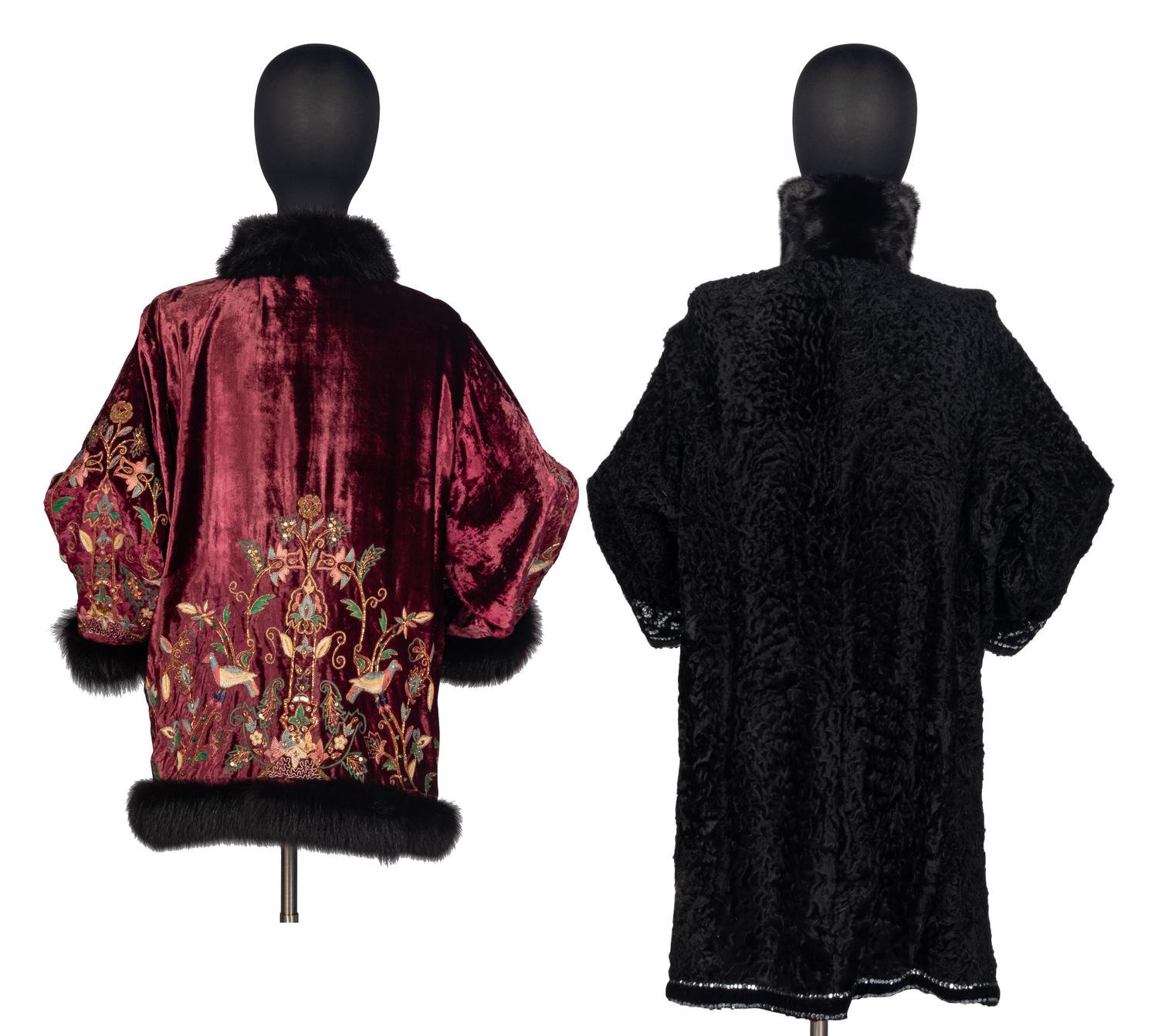 Two Designer Embellished Coats with Fur Trim