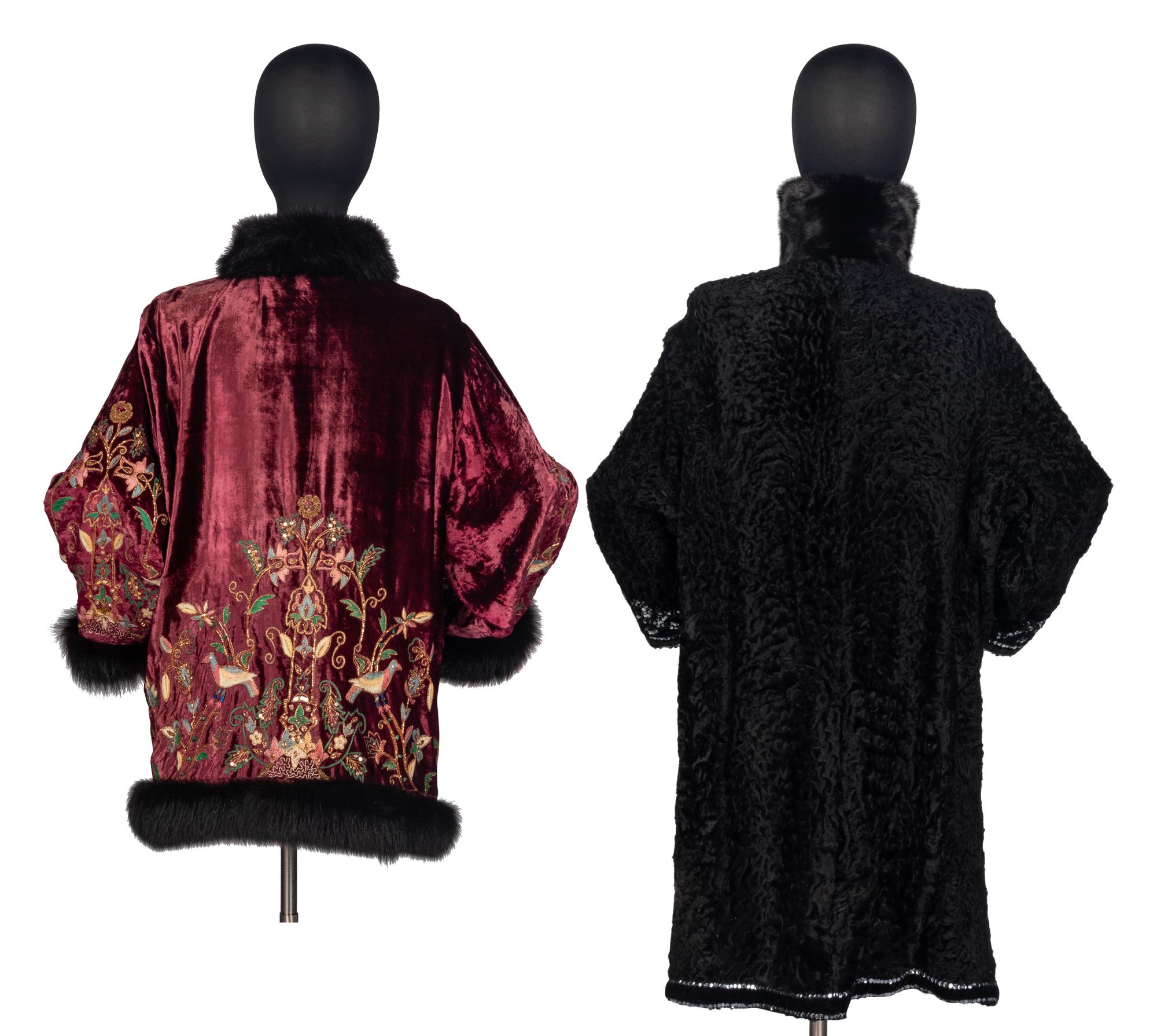 Two Designer Embellished Coats with Fur Trim