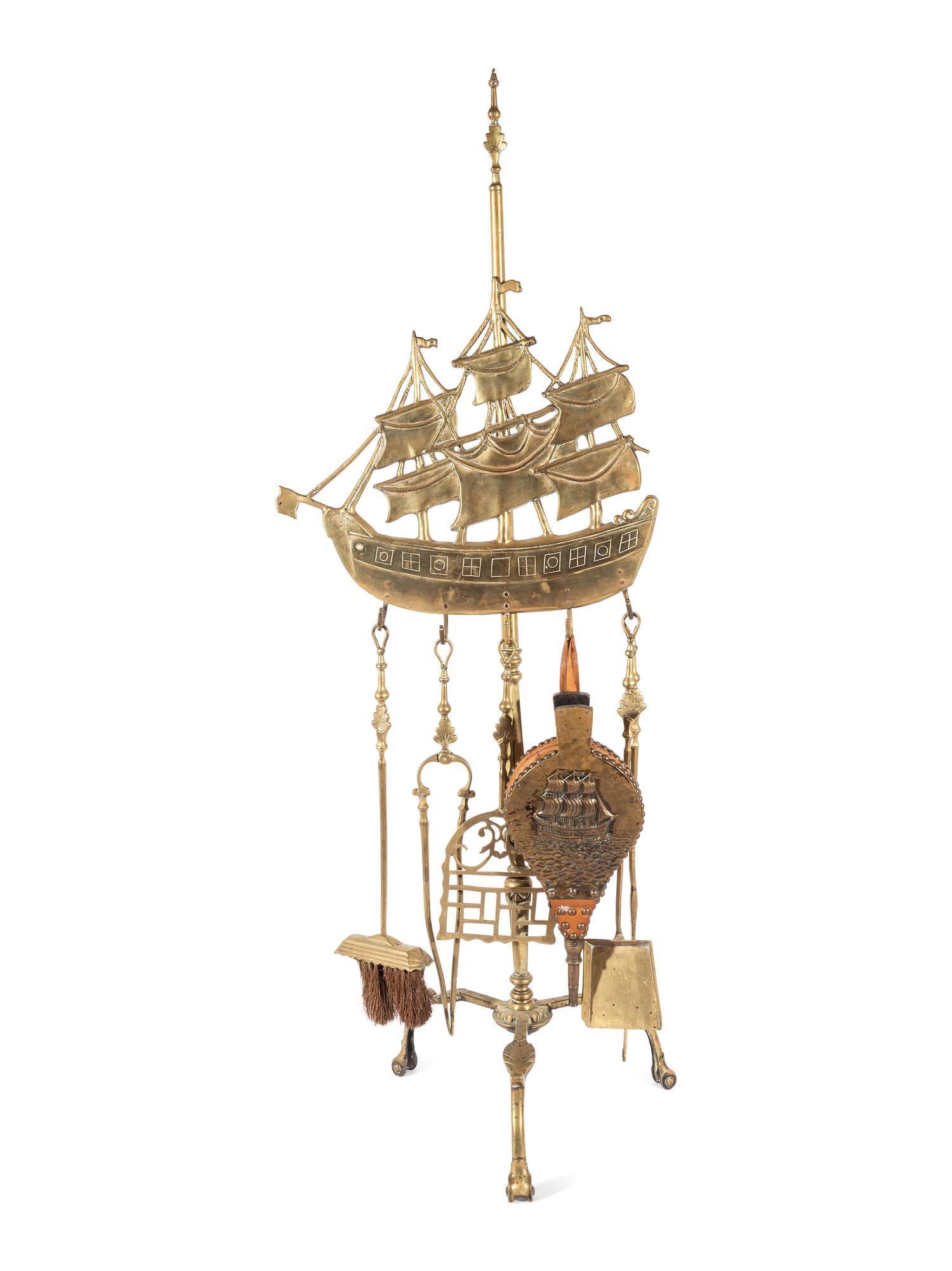 A Brass Nautical Fireplace Tool Set on Stand