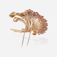 A Retro Ruby, Diamond, and 14K Yellow Gold Brooch