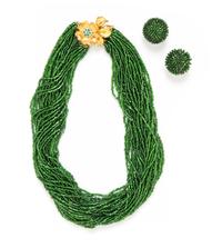 A Green Glass Bead Multi Strand Demi Parure, 17".