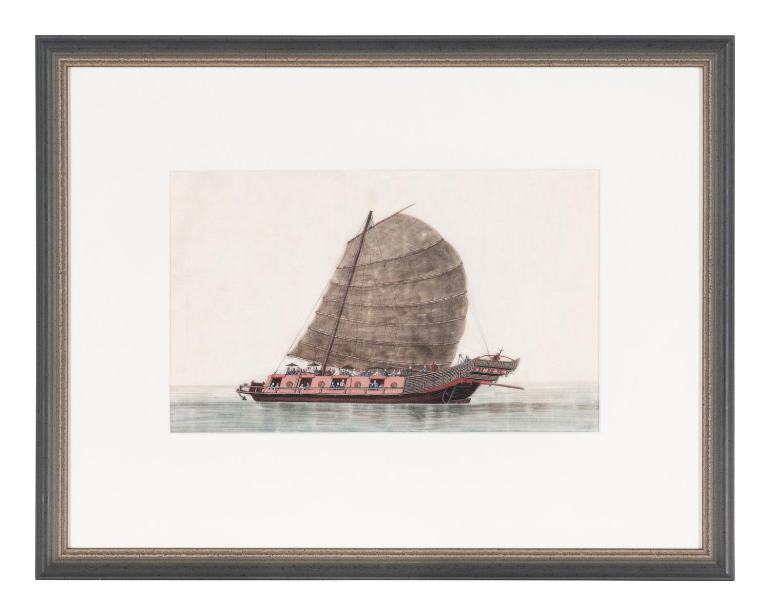 A Set of Eight Chinese Export Pith Paintings, Late Qing Dynasty 清晚期 通草畫船隻圖鏡框八幅