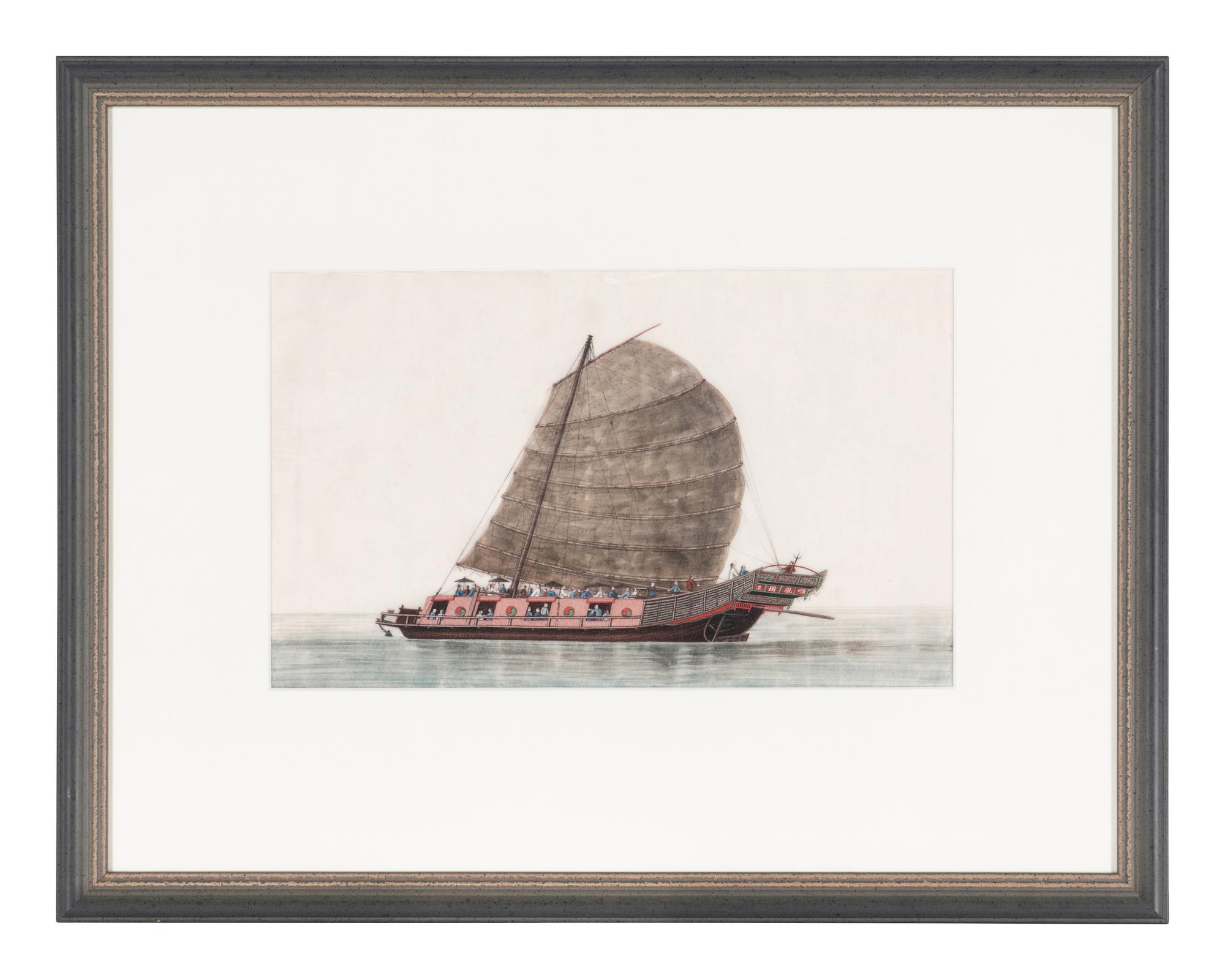 A Set of Eight Chinese Export Pith Paintings, Late Qing Dynasty 清晚期 通草畫船隻圖鏡框八幅