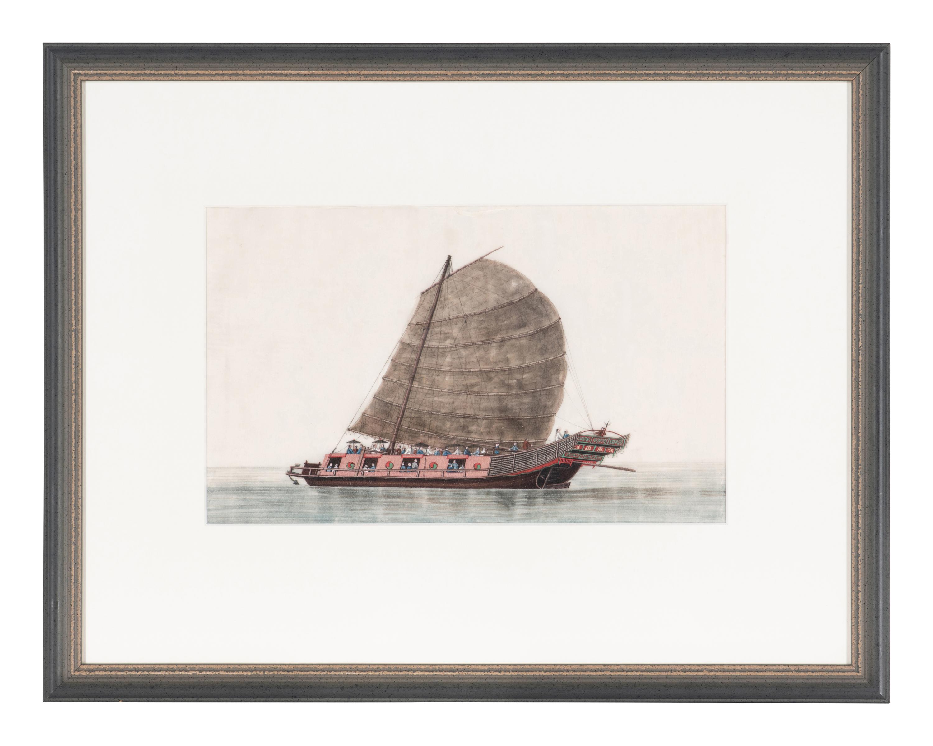 A Set of Eight Chinese Export Pith Paintings, Late Qing Dynasty 清晚期 通草畫船隻圖鏡框八幅