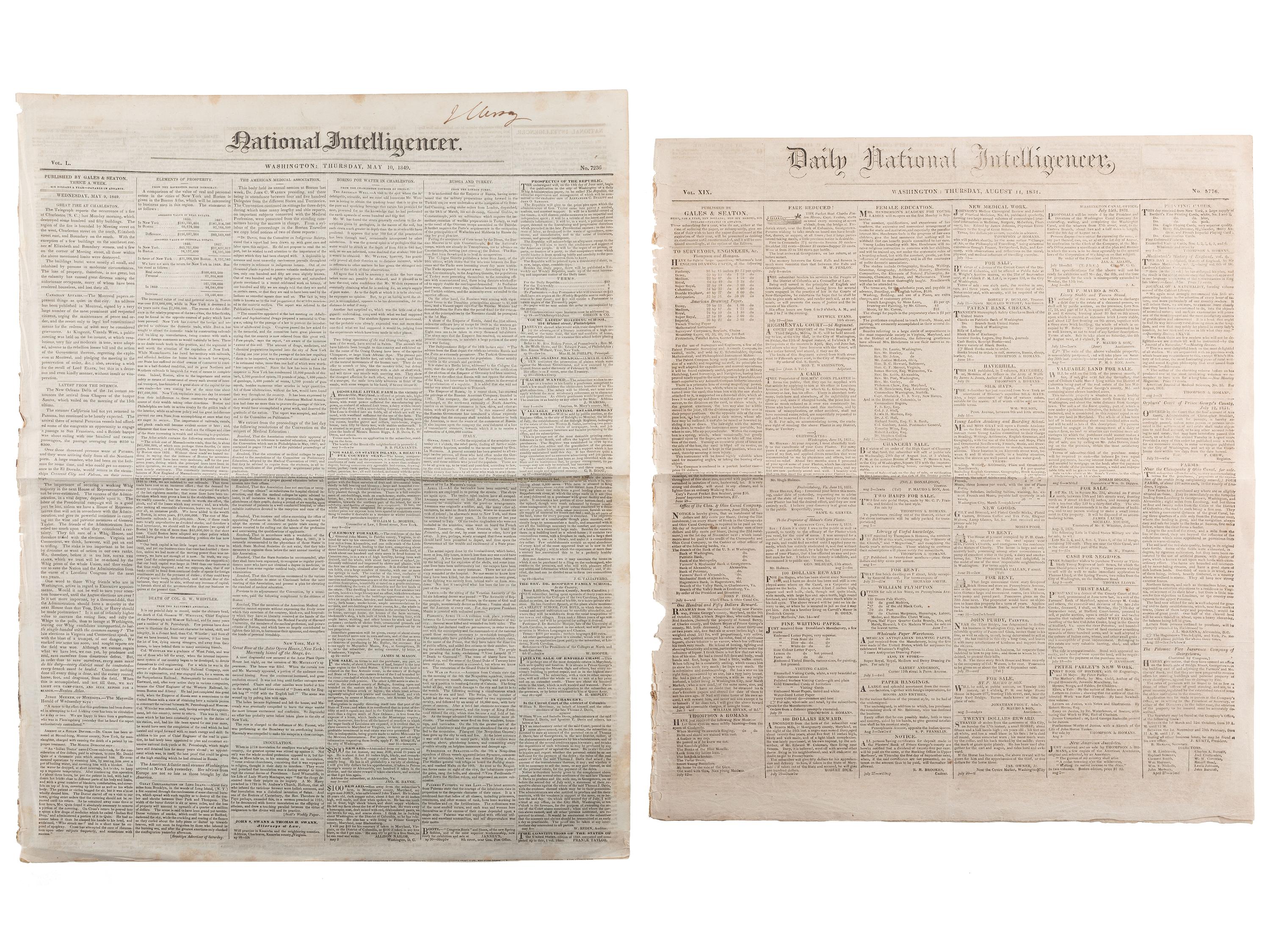 [SLAVERY & ABOLITION]. Advertisements for the return of freedom seekers published in 7 issues of The National Intelligencer . Washington, DC: 1831-1858.