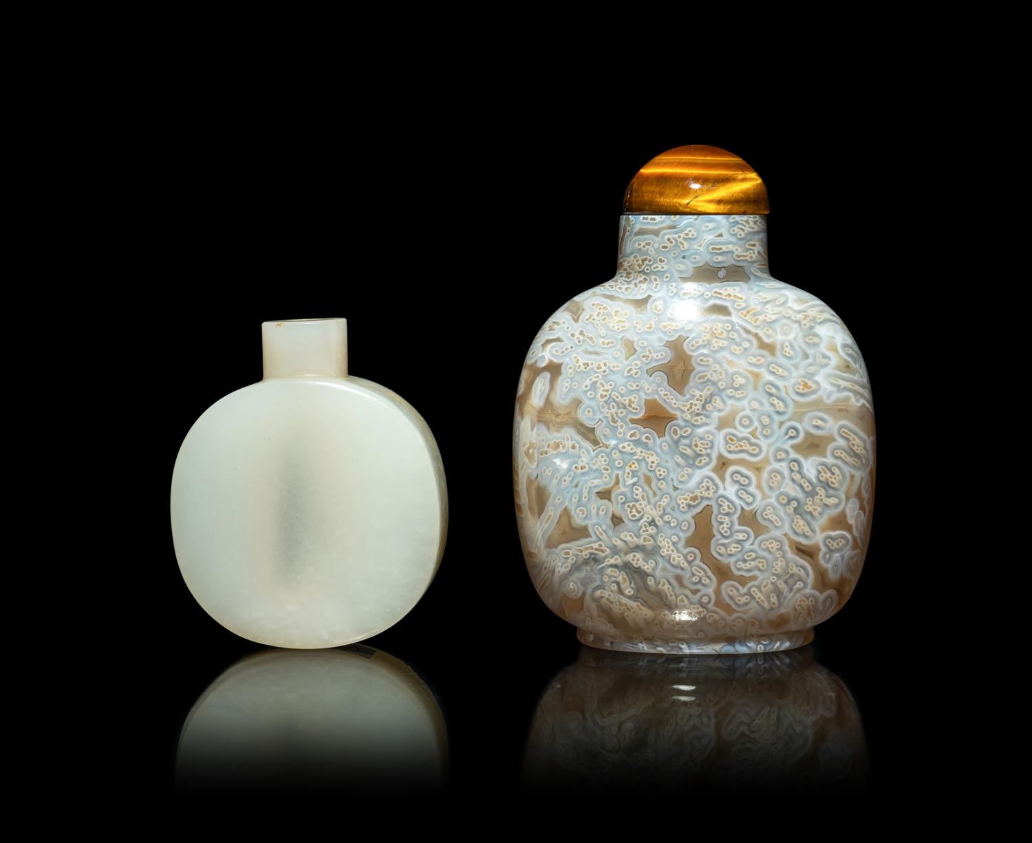 A Chinese White Jade Snuff Bottle and An Agate Stone Snuff Bottle