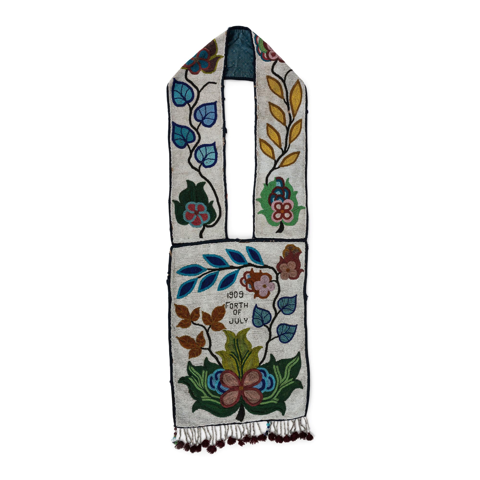 Anishinaabe Pictorial Beaded Bandolier Bag, Fourth of July