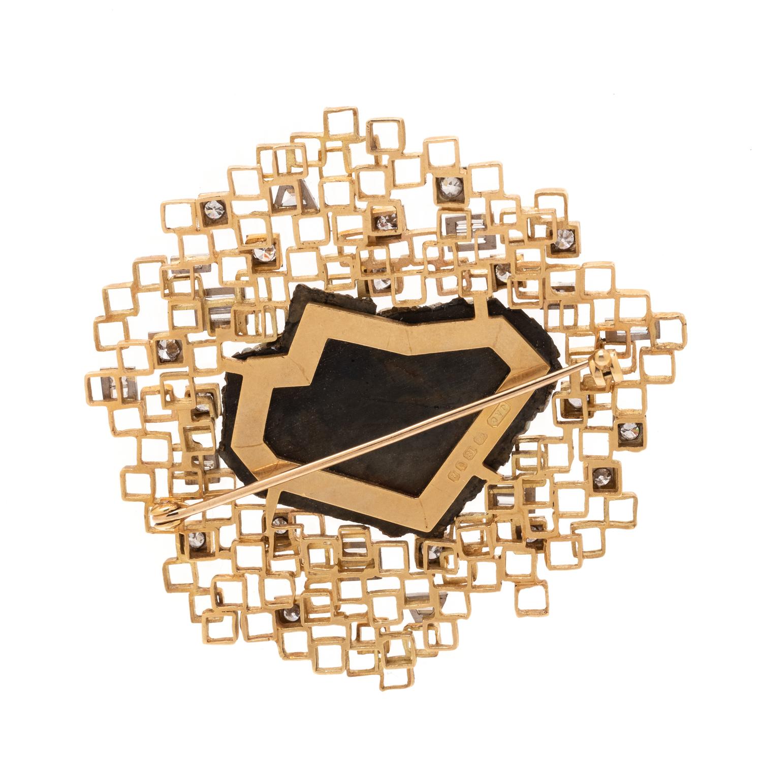 JOHN DONALD, MODERNIST, YELLOW GOLD, DIAMOND AND PYRITE BROOCH