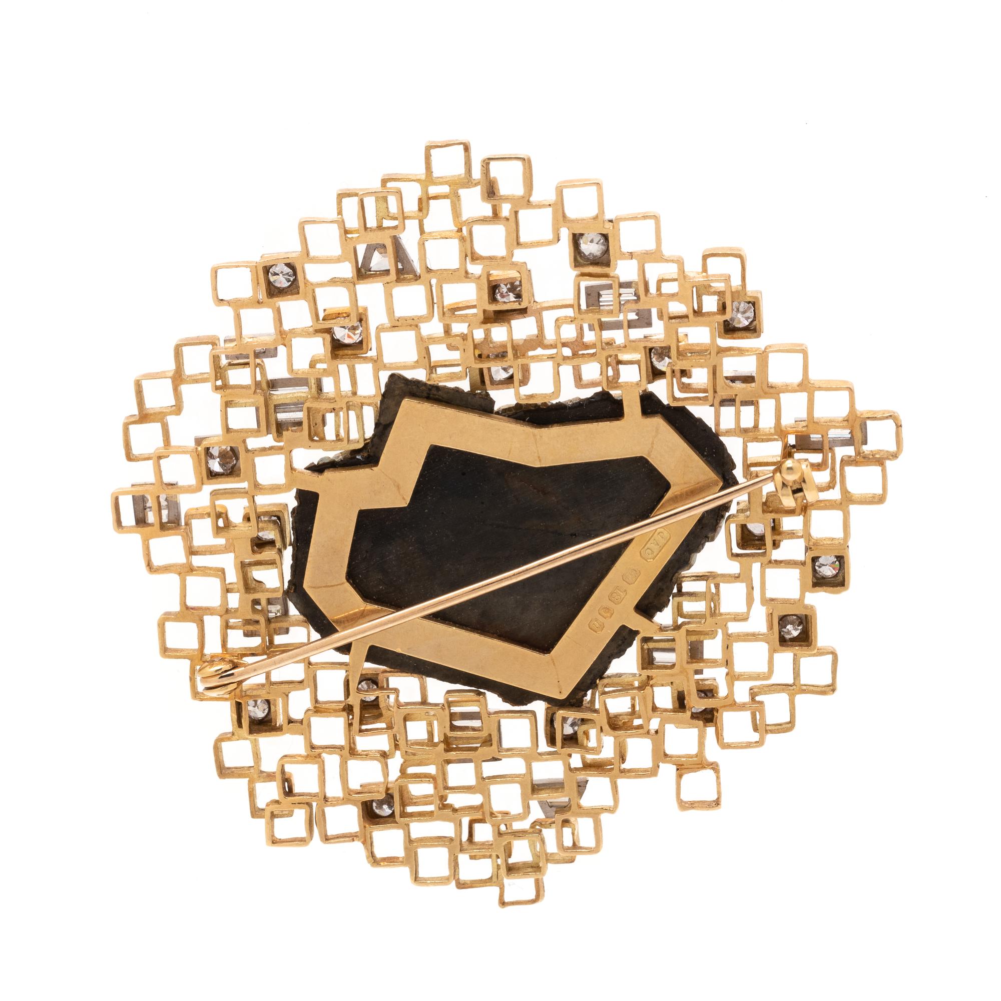 JOHN DONALD, MODERNIST, YELLOW GOLD, DIAMOND AND PYRITE BROOCH