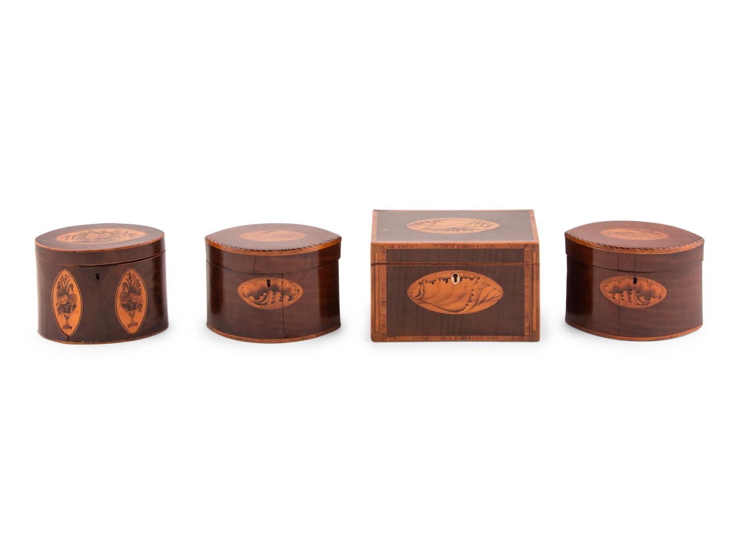 A Group of Four English Marquetry Tea Caddies