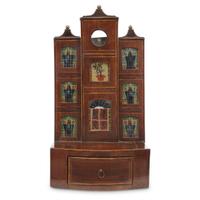 Inlaid mahogany and reverse glass-painted "architectural" watch hutch 19th century