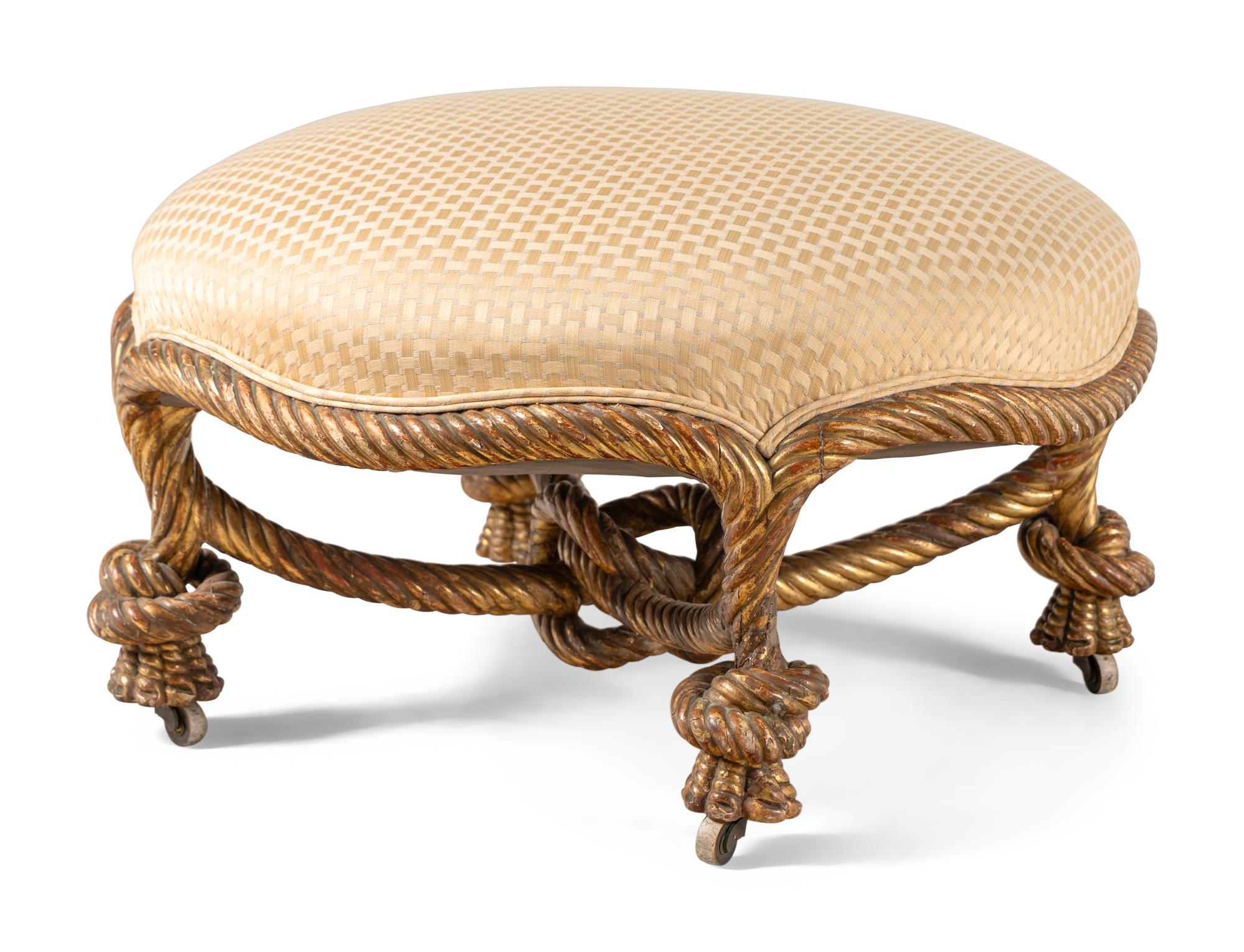 A Napoleon III Carved Giltwood Rope-Twist Ottoman