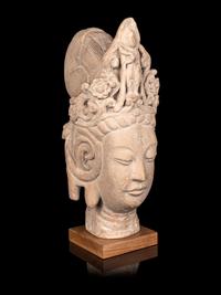 A Chinese Carved Sandstone Head of Guanyin