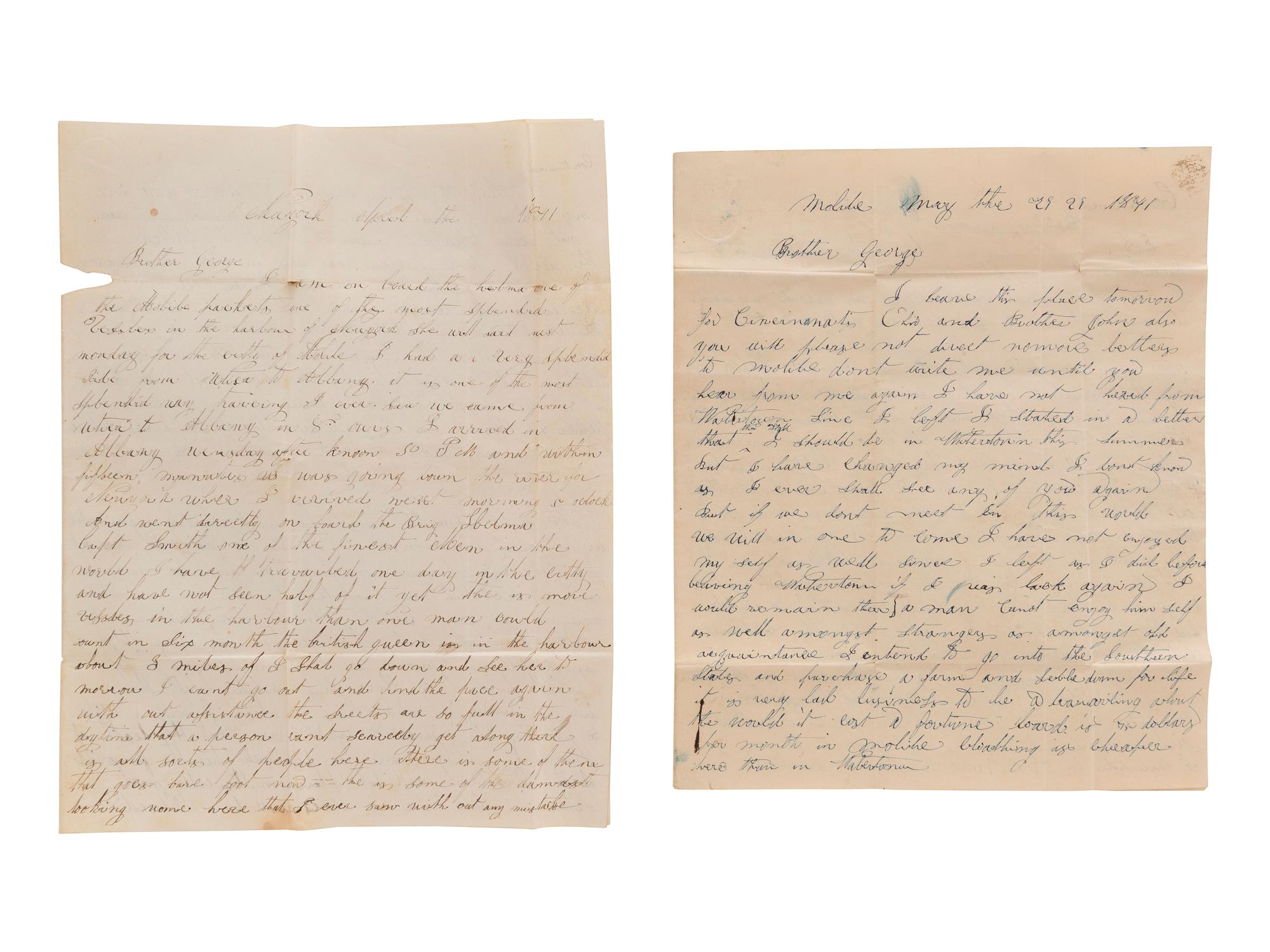 [ENSLAVEMENT]. Letter describing jailed slaves and purchase of a "yellow girl." Mobile, AL, 1841.