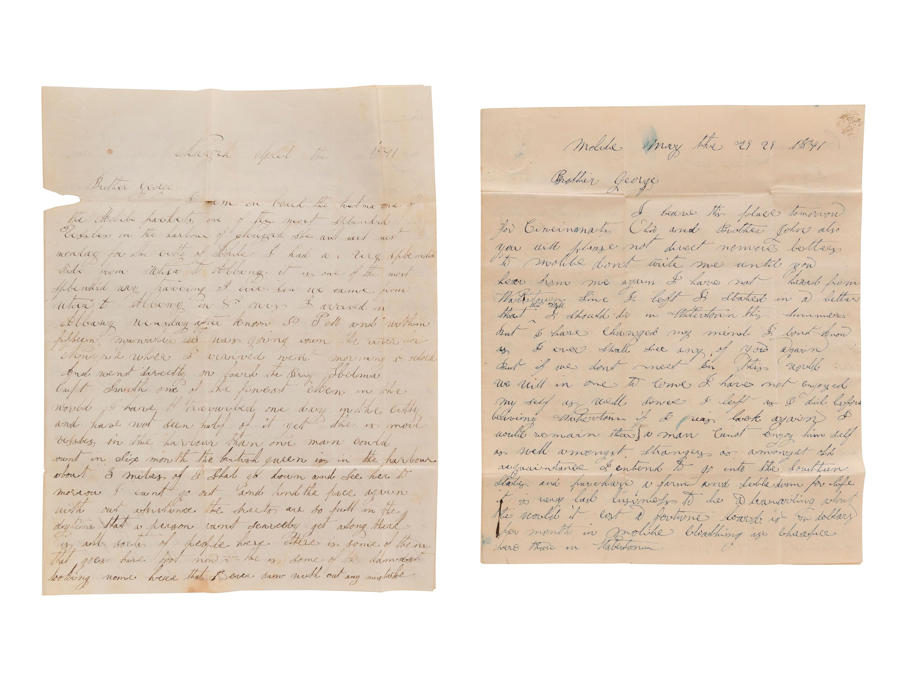 [ENSLAVEMENT]. Letter describing jailed slaves and purchase of a "yellow girl." Mobile, AL, 1841.