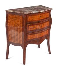 A Louis XV Style Parquetry Marble-Top Bombe Commode