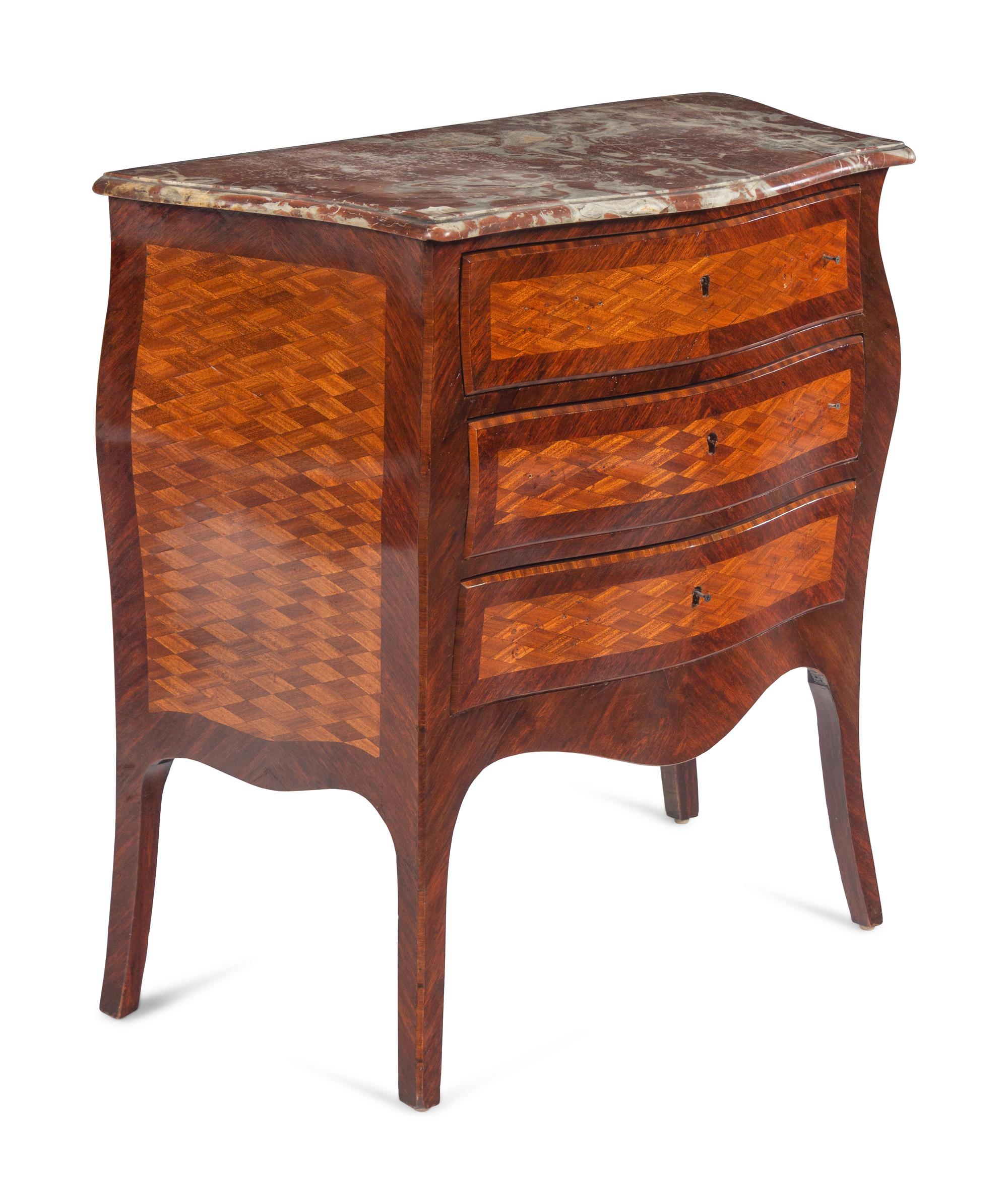 A Louis XV Style Parquetry Marble-Top Bombe Commode