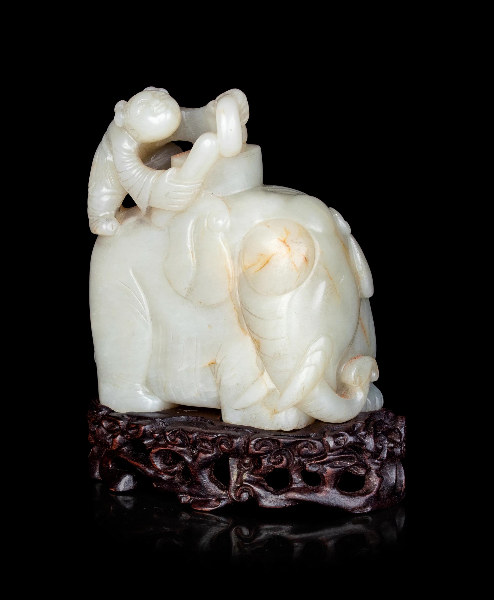 A Pale Celadon Jade 'Boy and Elephant' Group