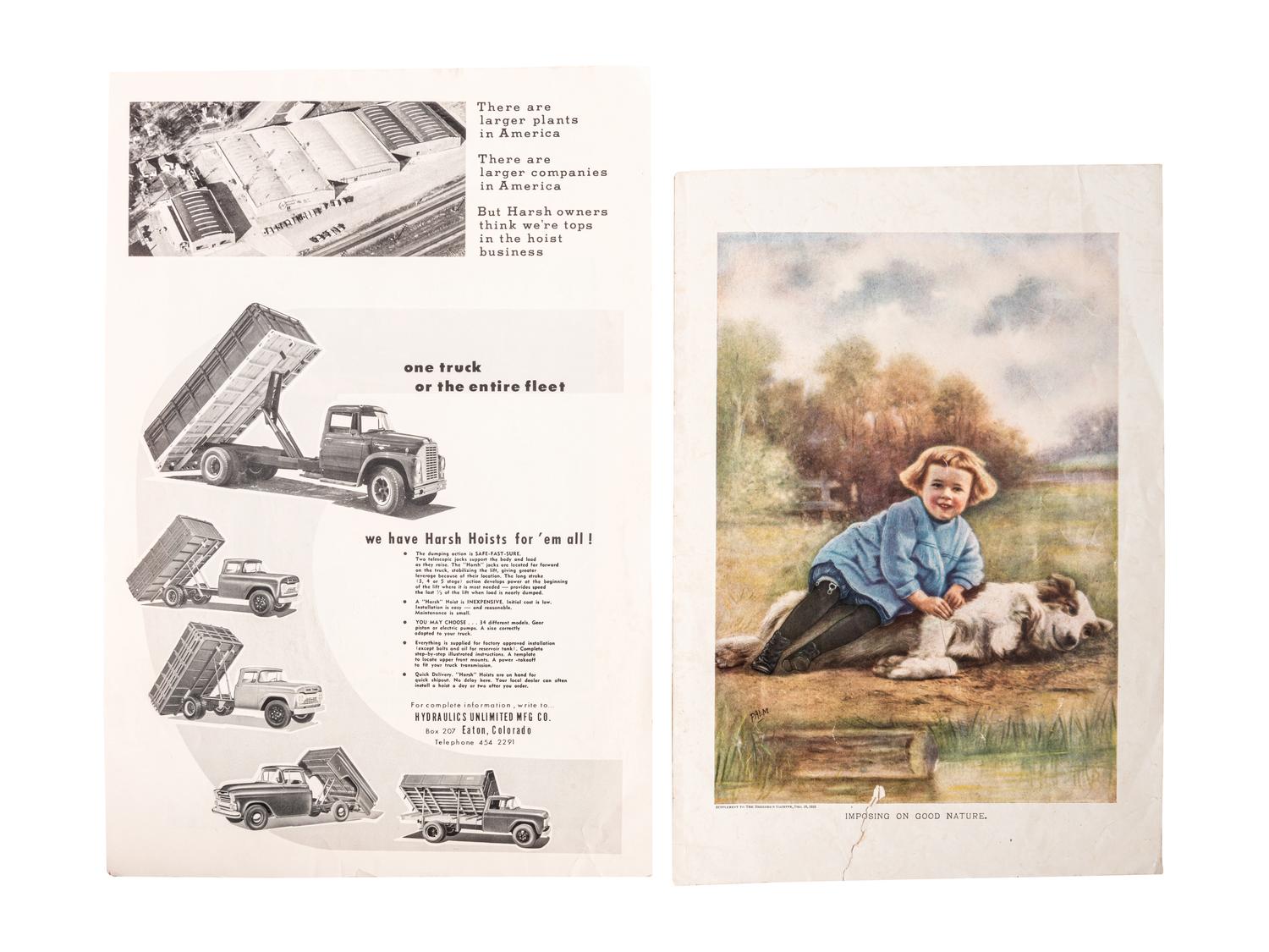 [ART AND ADVERTISING] A diverse assortment of ephemera including razor blades, advertising cards from the Chicago World's Fair, Murray's catalog of horse-drawn vehicles from 1912, red trading stamps, and more.