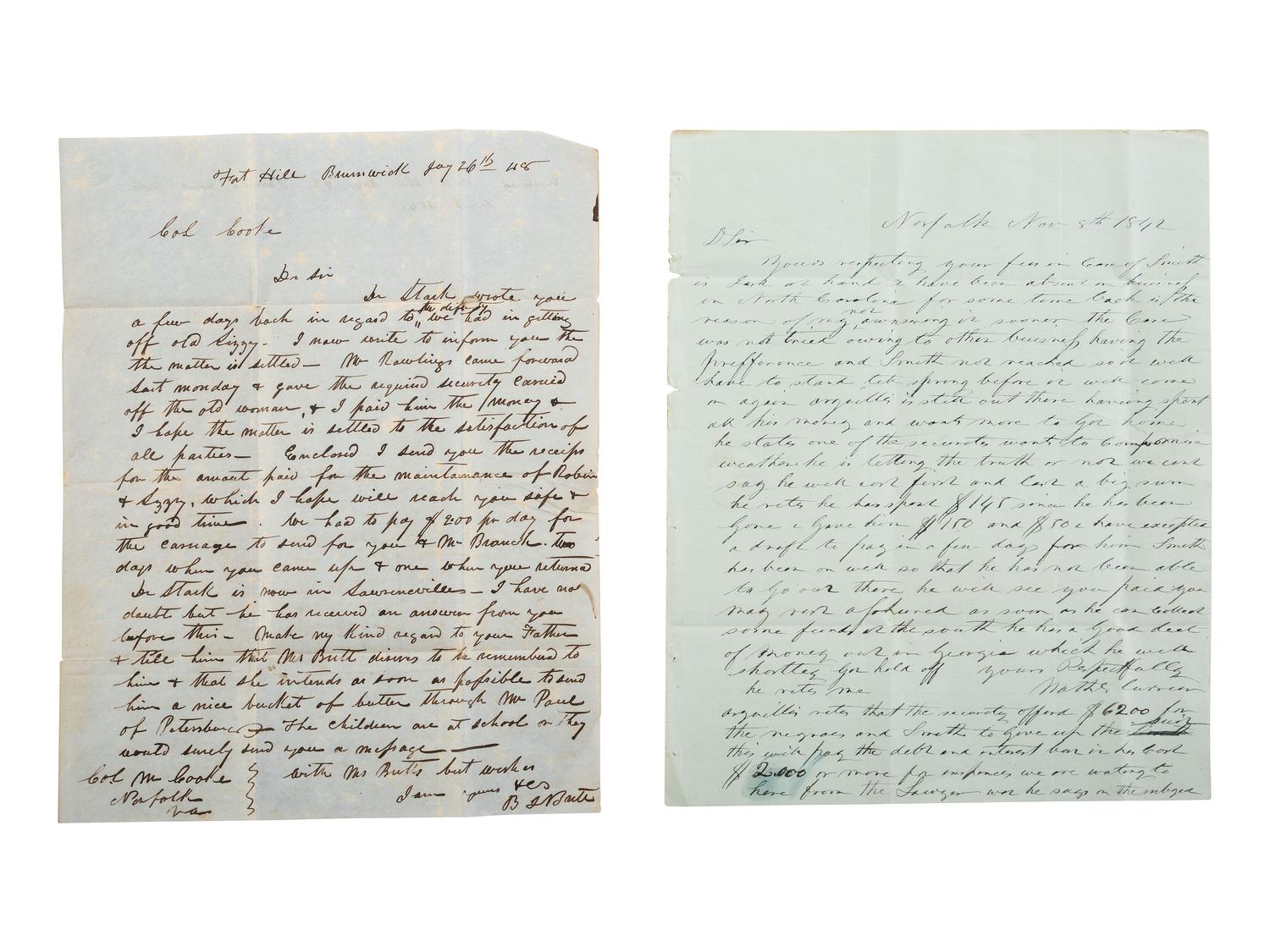 [ENSLAVEMENT & ABOLITION]. A group of six letters associated with enslaved individuals, including a letter related to the Randolph family of Virginia.