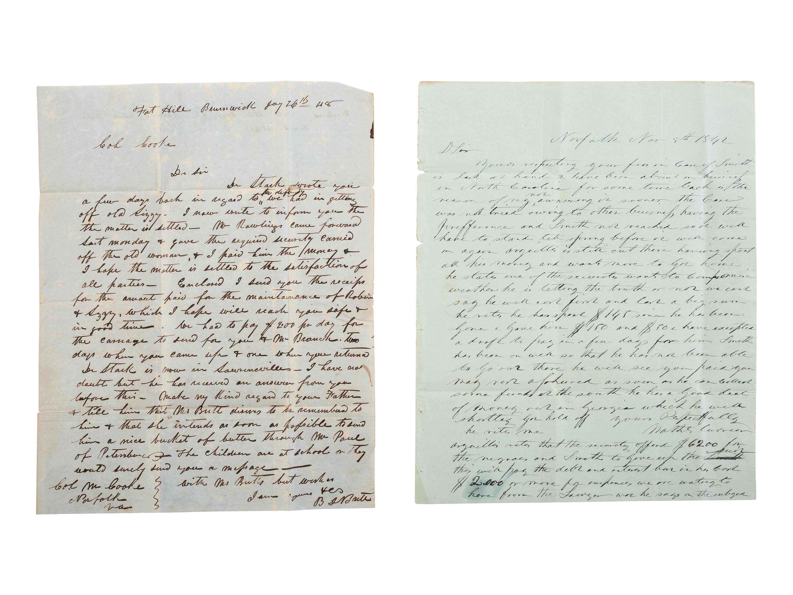 [ENSLAVEMENT & ABOLITION]. A group of six letters associated with enslaved individuals, including a letter related to the Randolph family of Virginia.
