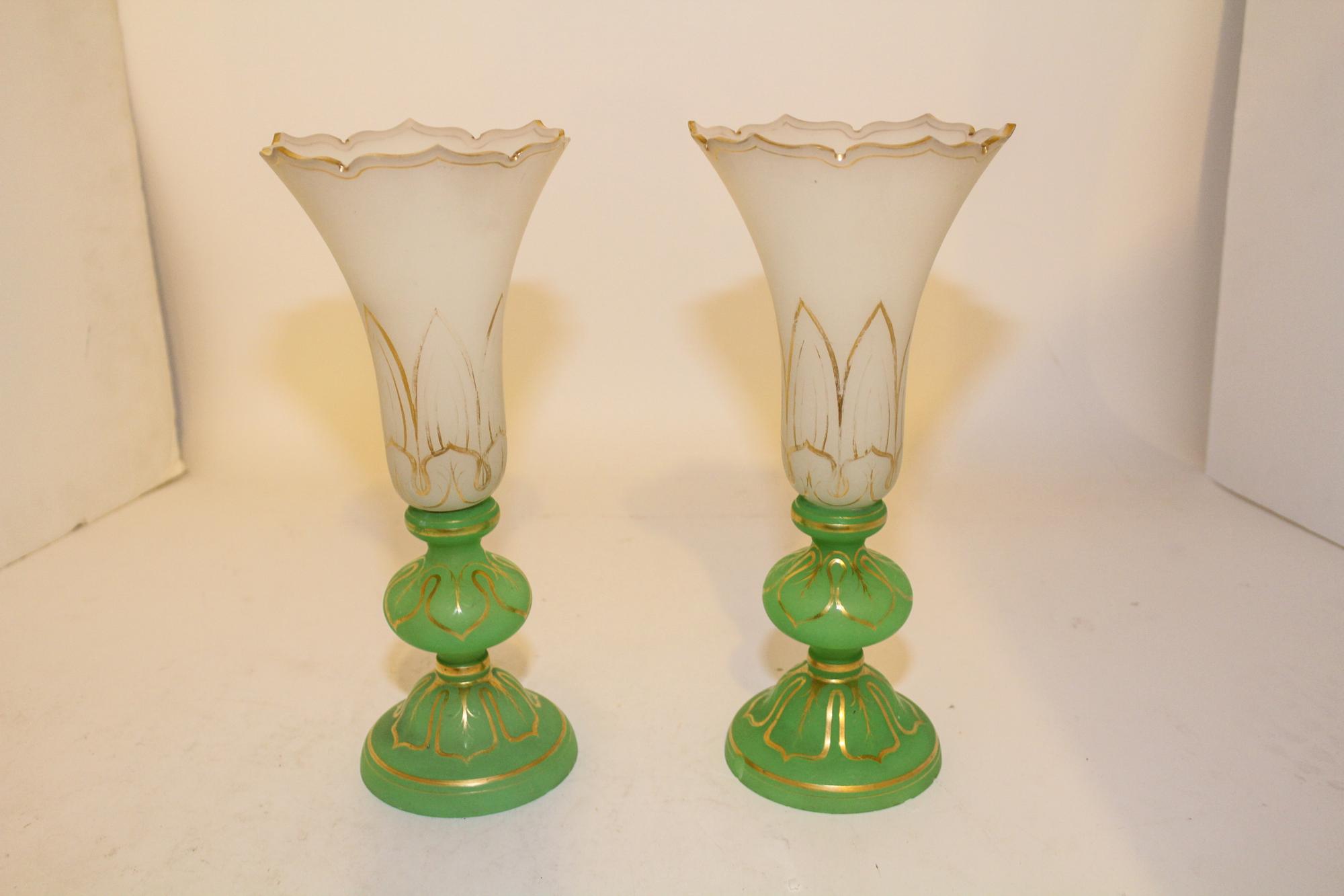 A Pair of Gilt Decorated Opal Glass Trumpet Vases Height 12 inches. — 19TH/20TH CENTURY