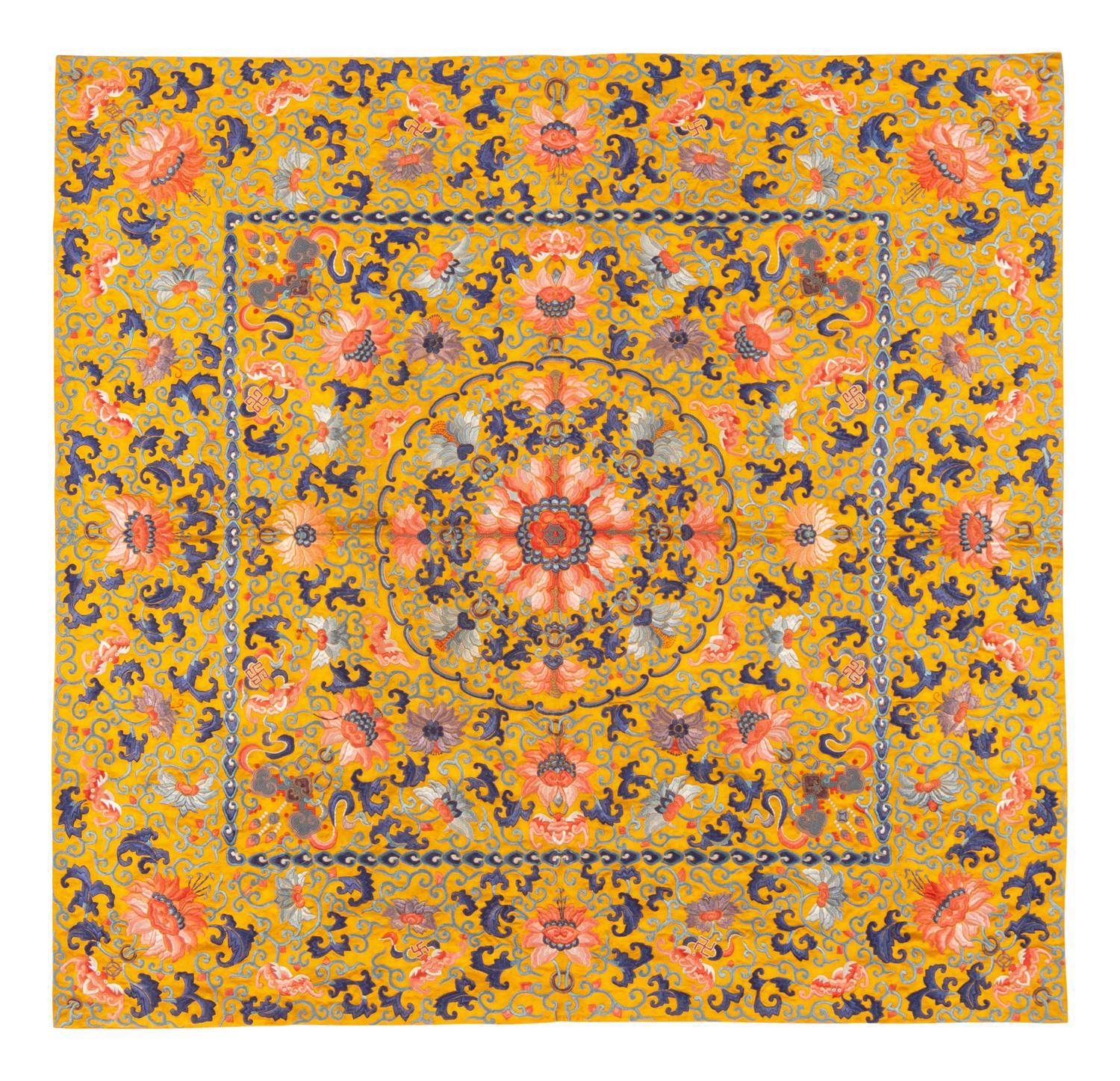 Two Yellow Ground Embroidered Silk Kang Cushion Covers