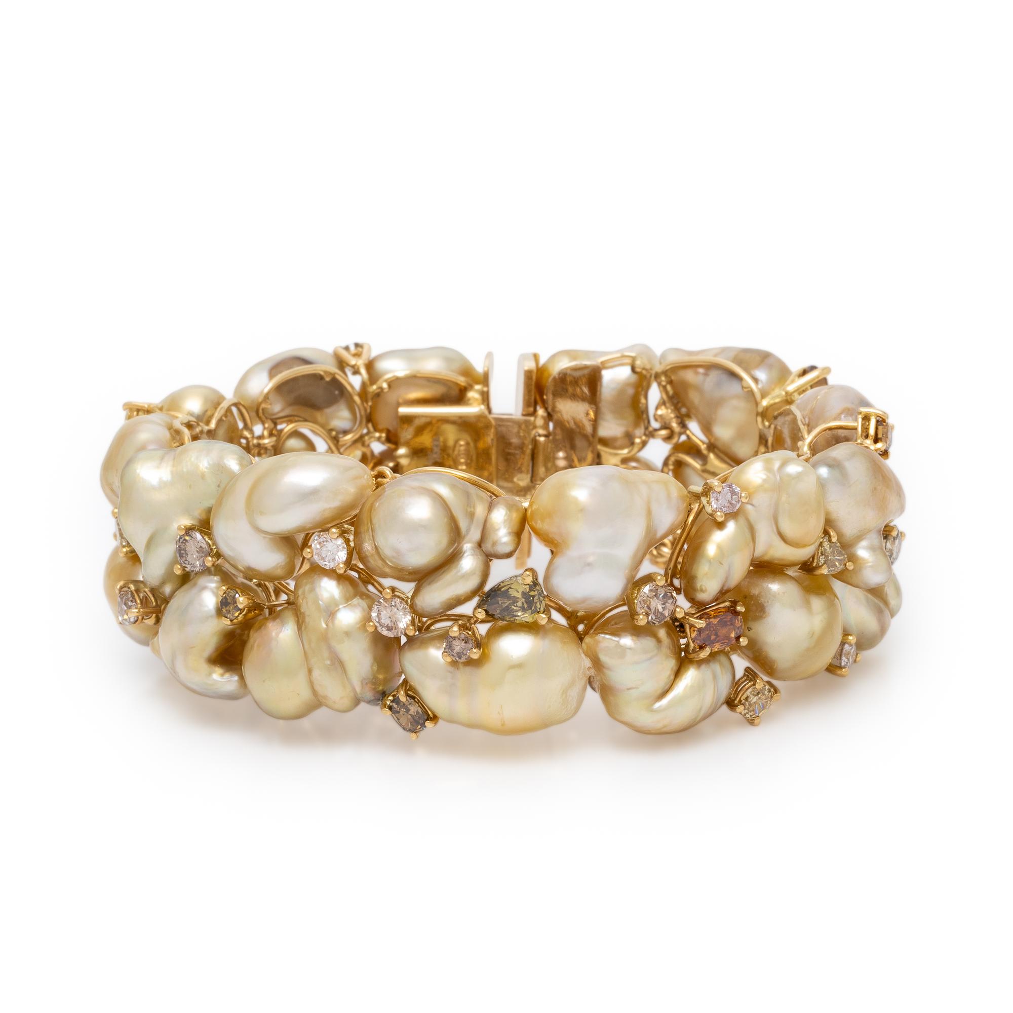Yvel, Golden Baroque Cultured Pearl, Colored Diamond, and Yellow Gold Bracelet