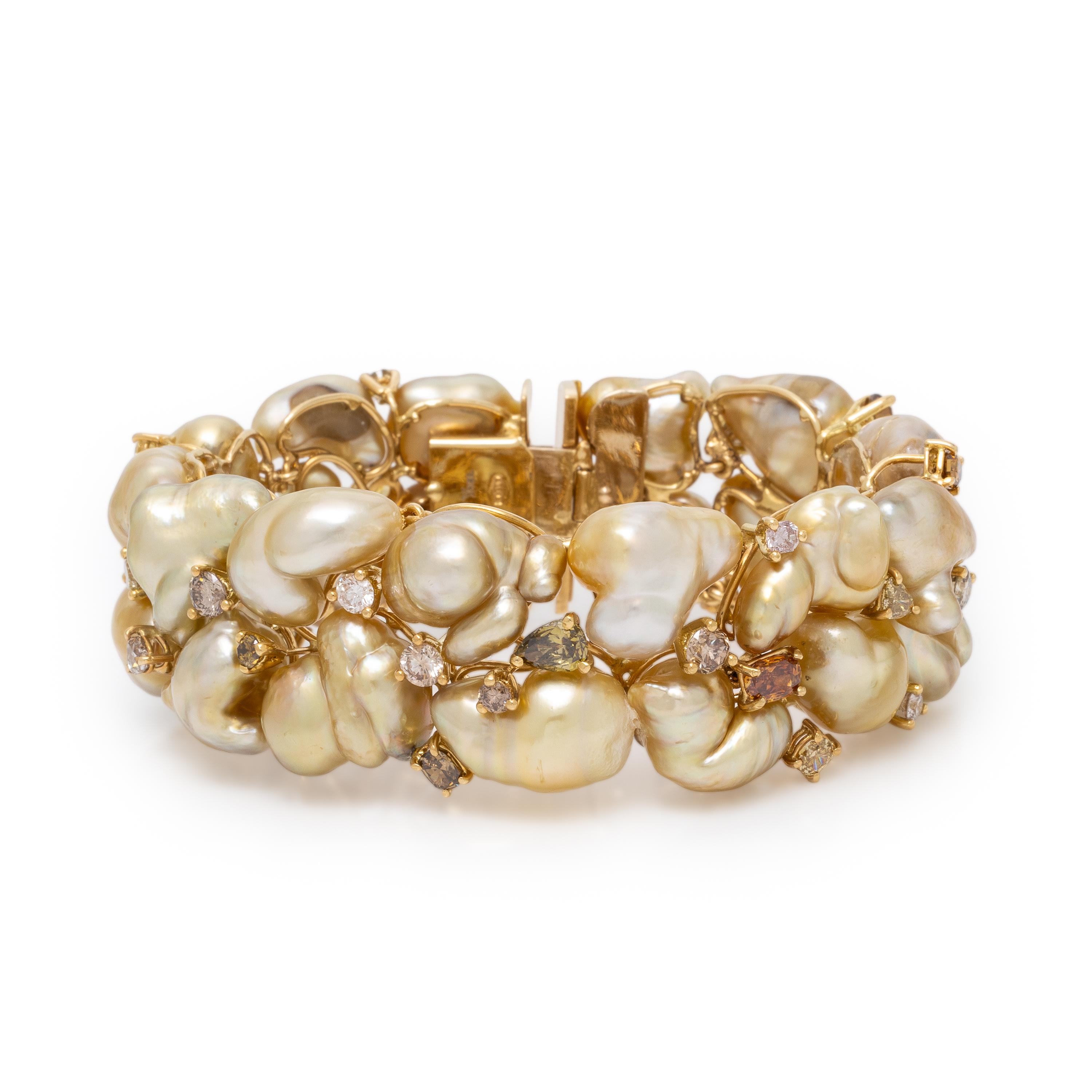 Yvel, Golden Baroque Cultured Pearl, Colored Diamond, and Yellow Gold Bracelet
