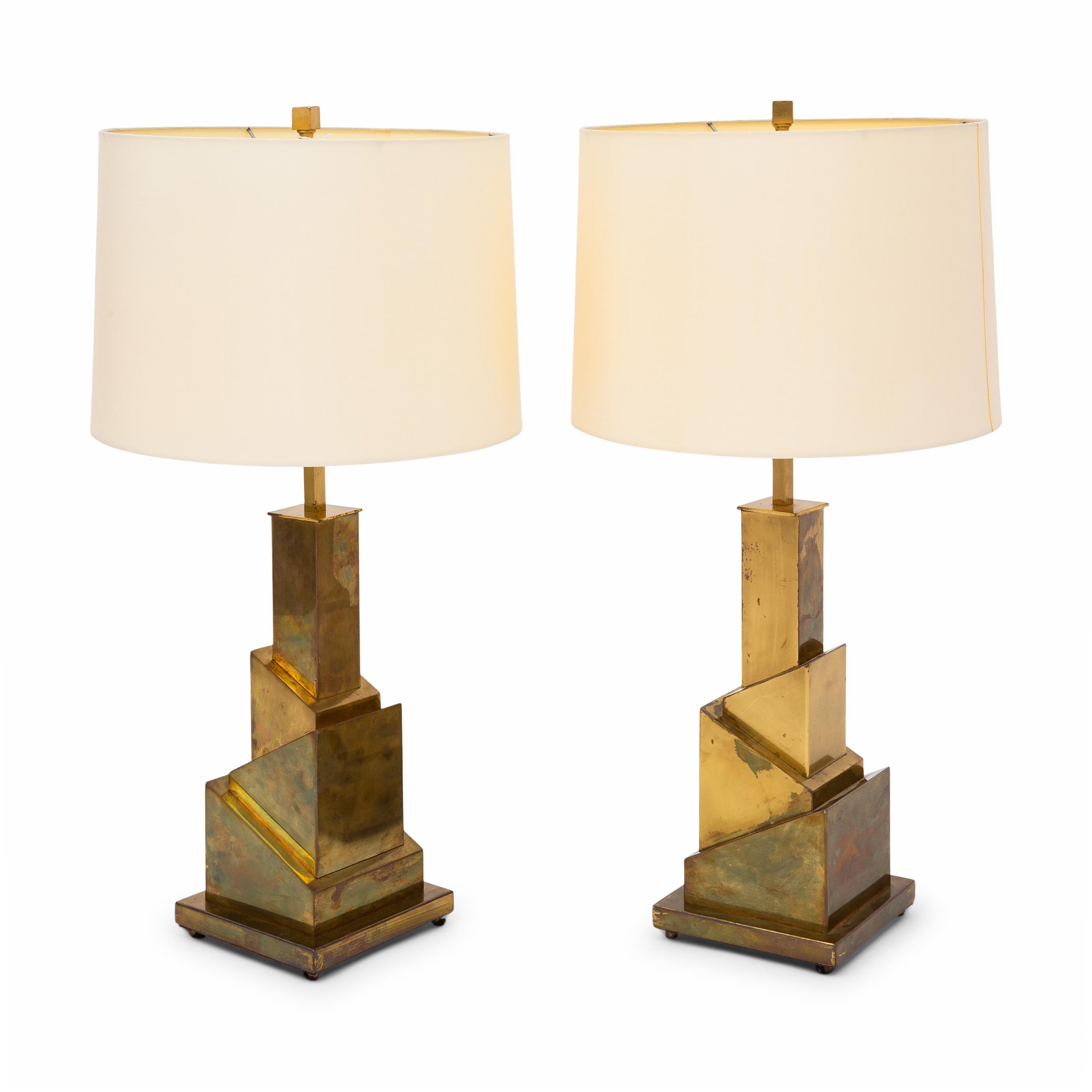 A Pair of Italian Brass "Skyscraper" Table Lamps