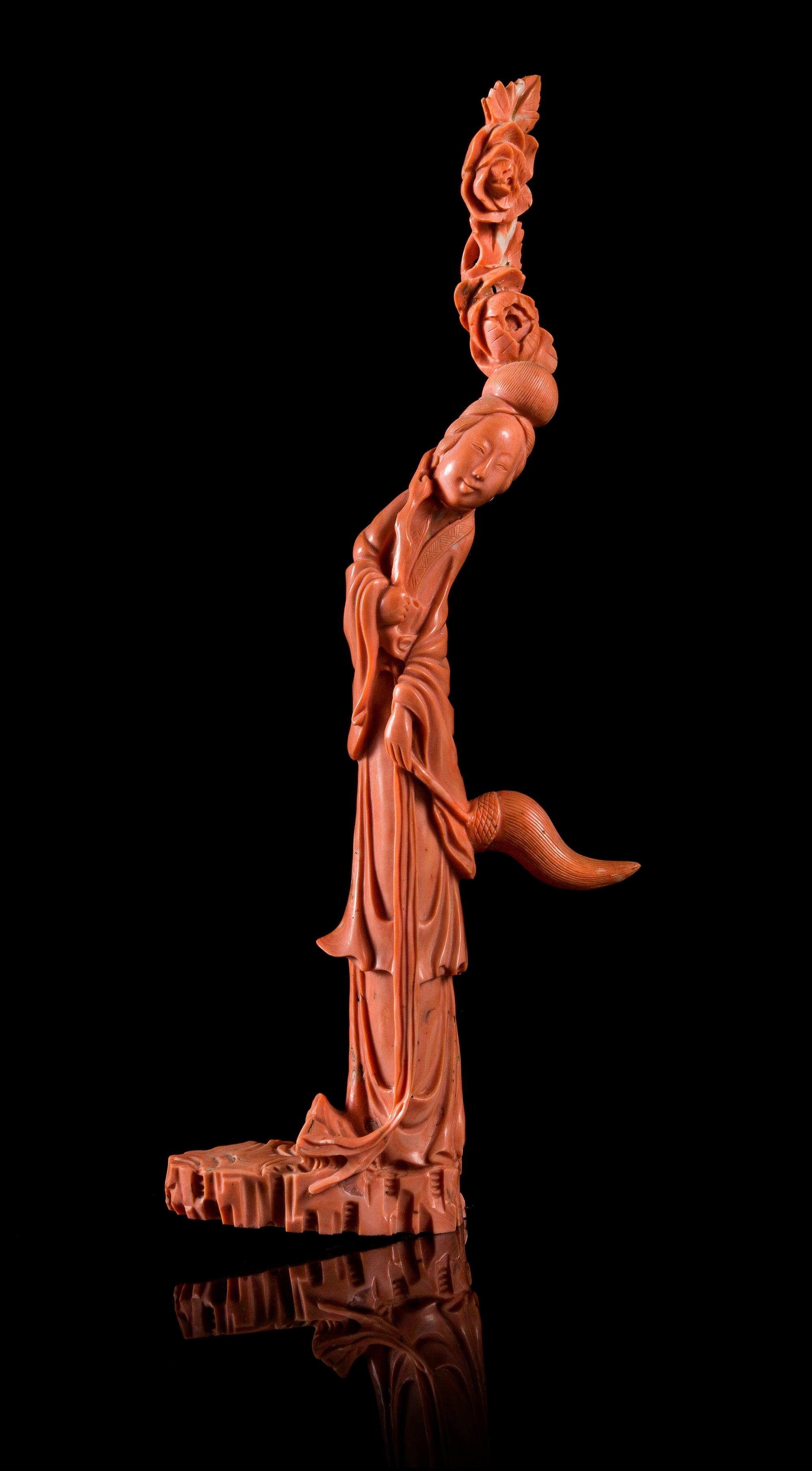 A Red Coral Figure of a Female Immortal Height 13 inches.
