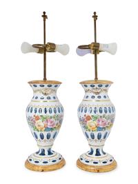 A Pair of Bohemian Enameled White Overlay Glass Baluster Vases