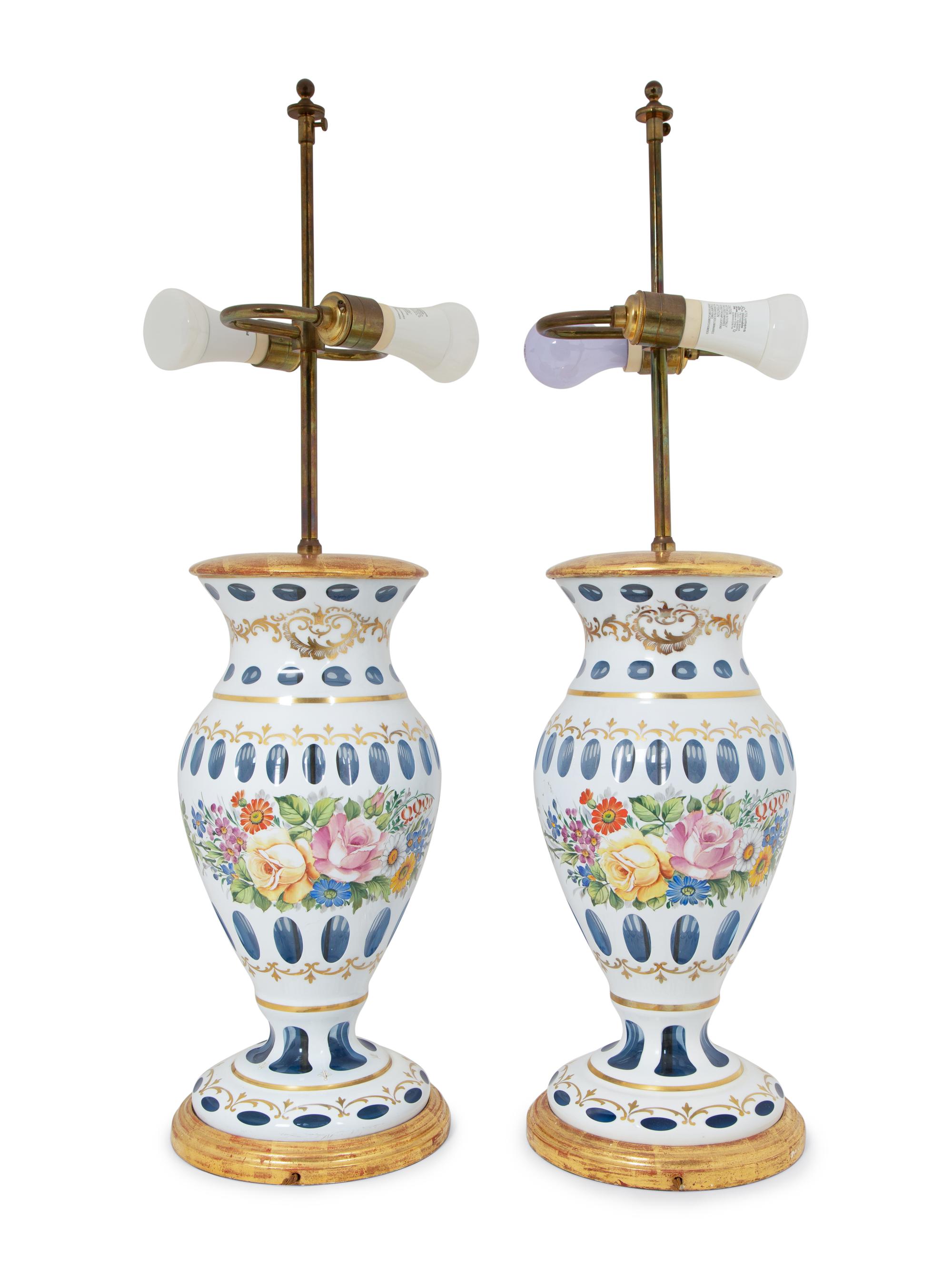 A Pair of Bohemian Enameled White Overlay Glass Baluster Vases